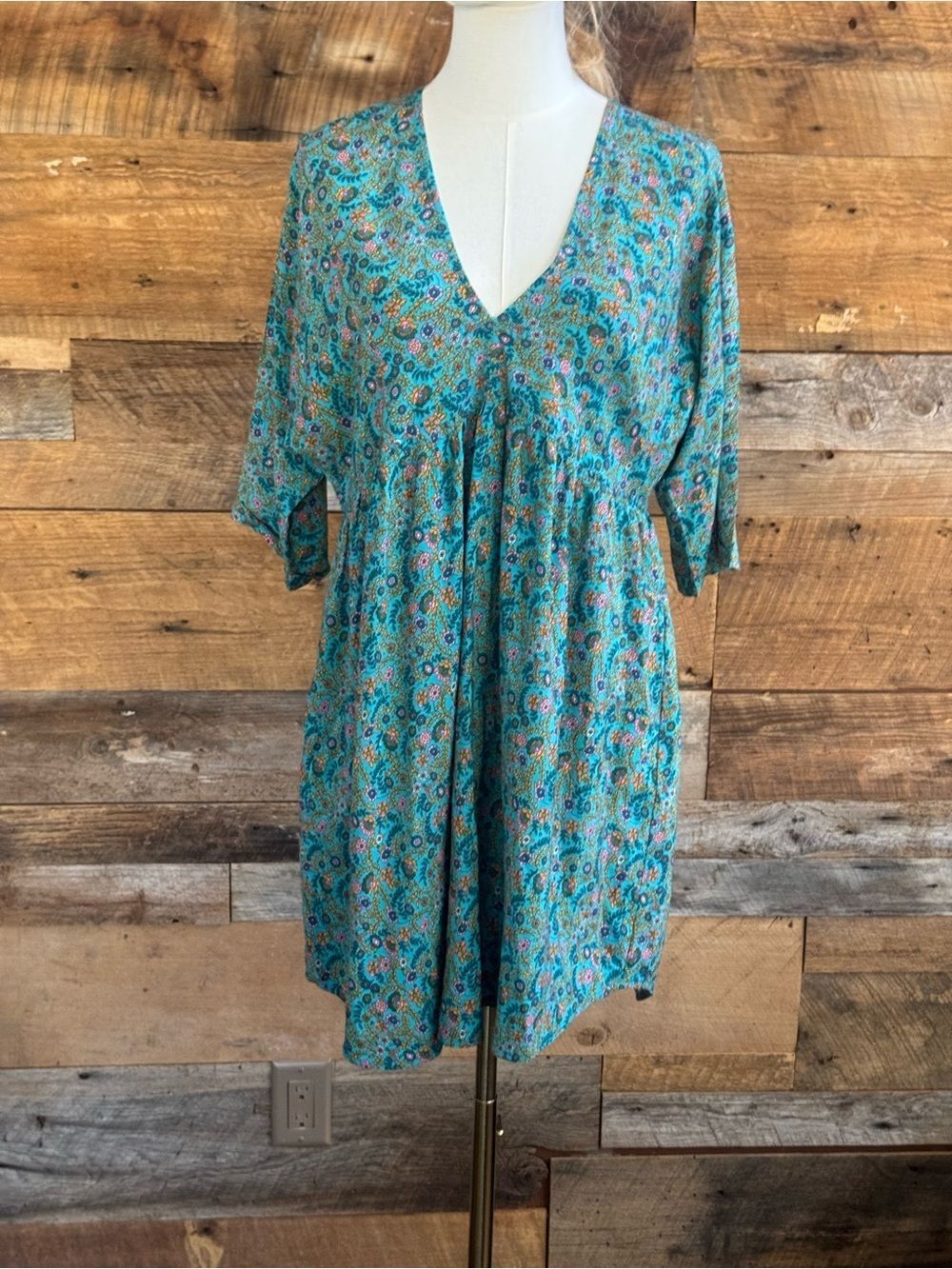 Natural life Stella v neck mini dress turquoise ditsy vines womens S